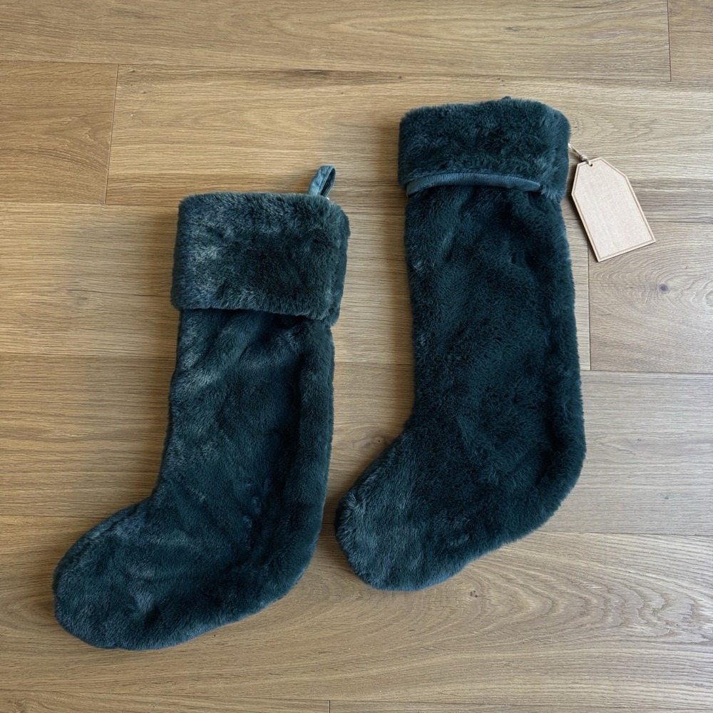 Green Martha Stewart Christmas Stockings Faux Fur Luxury 22" Set Rare Farmhouse